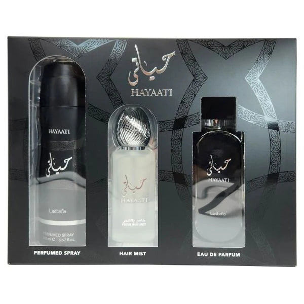 HAYAATI BLACK GIFT SET 3 PIECE Perfumed Spray + Hair Mist + 3.4oz Eau de Parfum